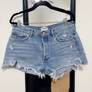 Agolde Light Blue Frayed Denim Shorts